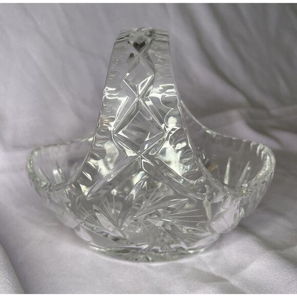 Caesar Bohemia Crystal 6" Hand Cut Basket Czech Republic Etched Whirling Stars - Picture 1 of 4